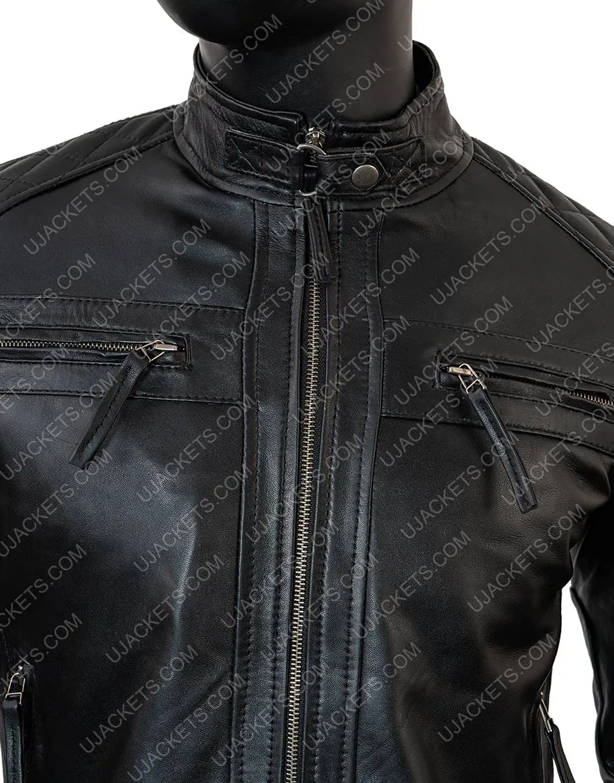 Cafe Racer Vintage Leather Jacket | Black Quilted Biker Jacket | ujackets